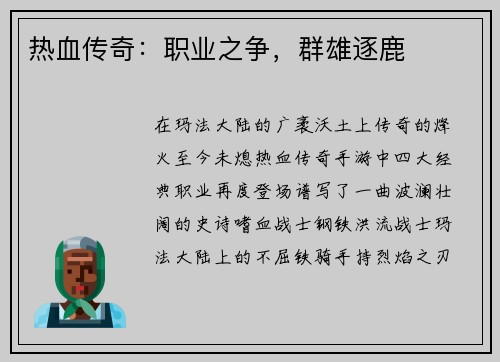 热血传奇：职业之争，群雄逐鹿